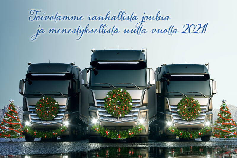 SKL-joulu-1220 Kolme jouluseppelein koristeltua harmaata kuorma-autoa ja teksti "Toivotamme rauhallista joulua ja menestyksellistä uutta vuotta 2021".